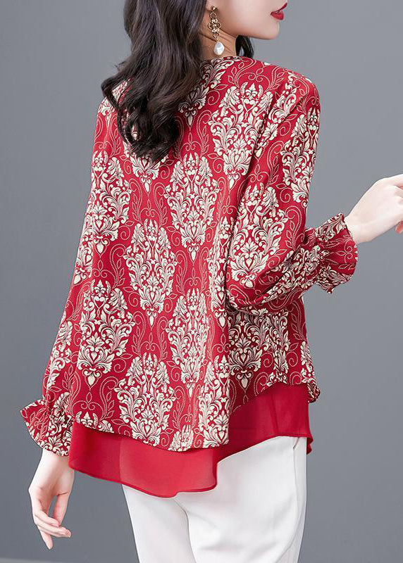 Frauen Rot O Neck Print Patchwork Chiffon Blusen Flare Ärmel OP1066