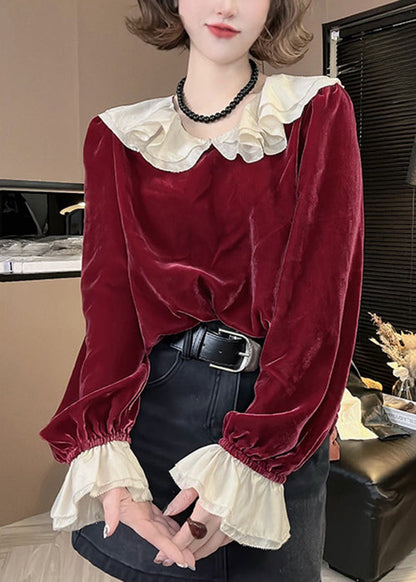 Women Red Ruffled Solid Silk Velour Top Flare Sleeve OP1002