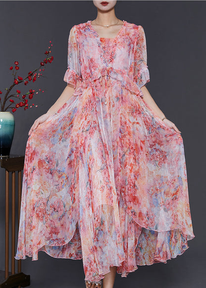 Women Red Ruffled Tie Dye Chiffon Robe Dresses Summer SD1085