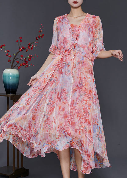 Women Red Ruffled Tie Dye Chiffon Robe Dresses Summer SD1085