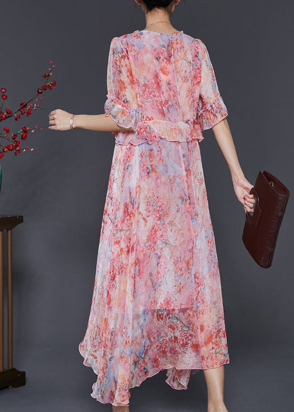 Women Red Ruffled Tie Dye Chiffon Robe Dresses Summer SD1085