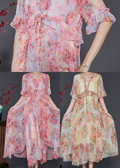 Women Red Ruffled Tie Dye Chiffon Robe Dresses Summer SD1085