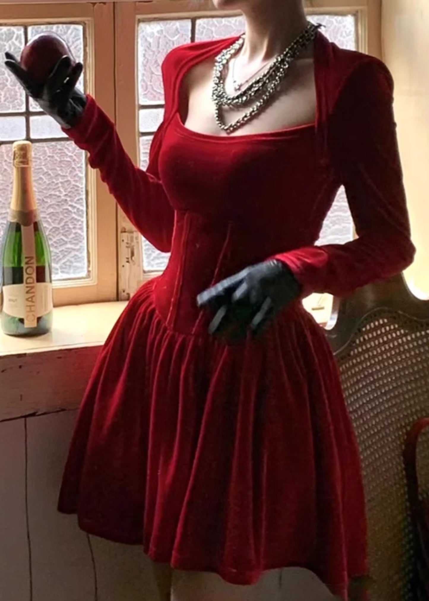 Robe mi-longue rouge en velours de soie unie à col carré pour femme, printemps YT023