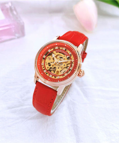 Women Red Stainless Steel Sapphire Crystal Patchwork Dermis Zircon Hollowed Out Watch QU003