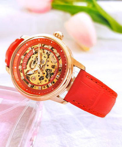 Women Red Stainless Steel Sapphire Crystal Patchwork Dermis Zircon Hollowed Out Watch QU003