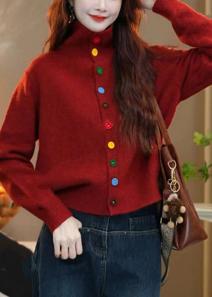 Women Red Turtleneck Button Knit Sweaters Winter WM015