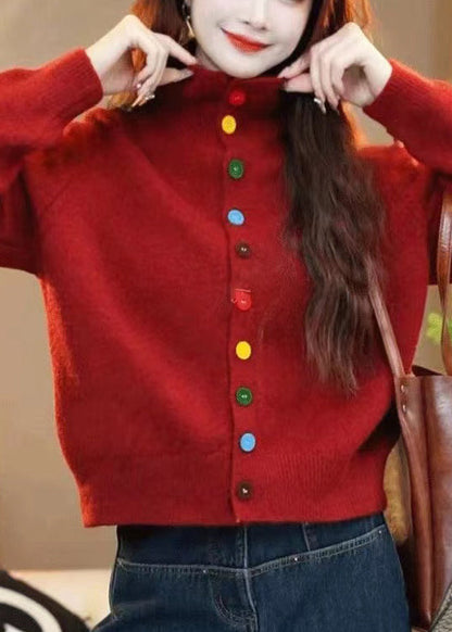 Women Red Turtleneck Button Knit Sweaters Winter WM015