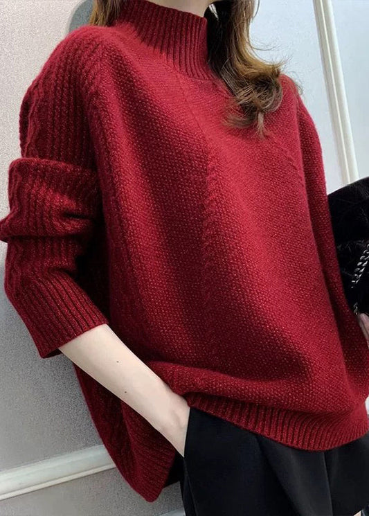 Pull en tricot de coton confortable à col roulé rouge pour femme Automne QI025