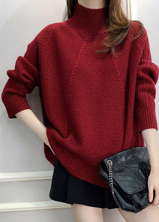 Pull en tricot de coton confortable à col roulé rouge pour femme Automne QI025