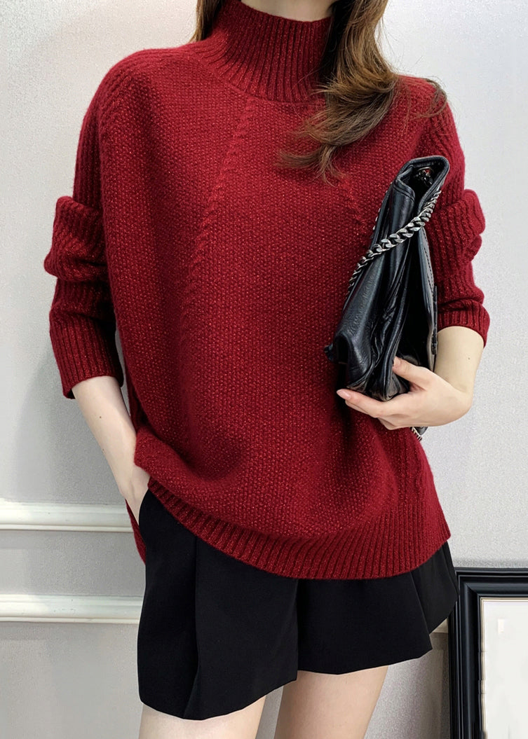 Women Red Turtleneck Cozy Cotton Knit Sweater Fall QI025