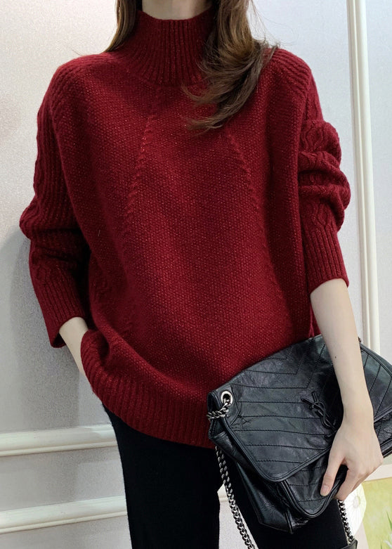 Pull en tricot de coton confortable à col roulé rouge pour femme Automne QI025