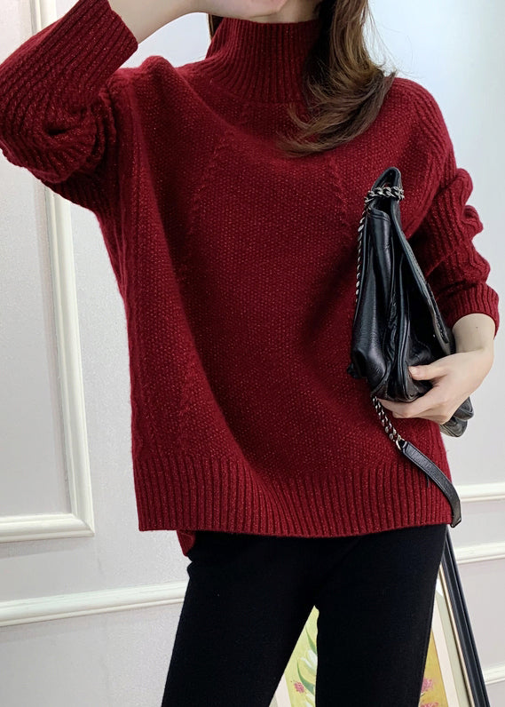 Pull en tricot de coton confortable à col roulé rouge pour femme Automne QI025