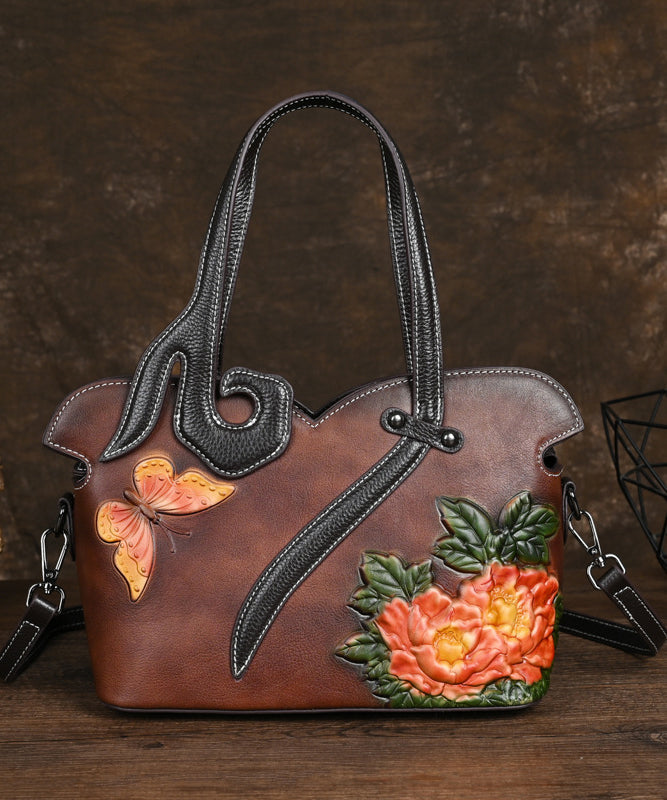 Leather Coffee Handbag Women Embossed Calf Tote Retro