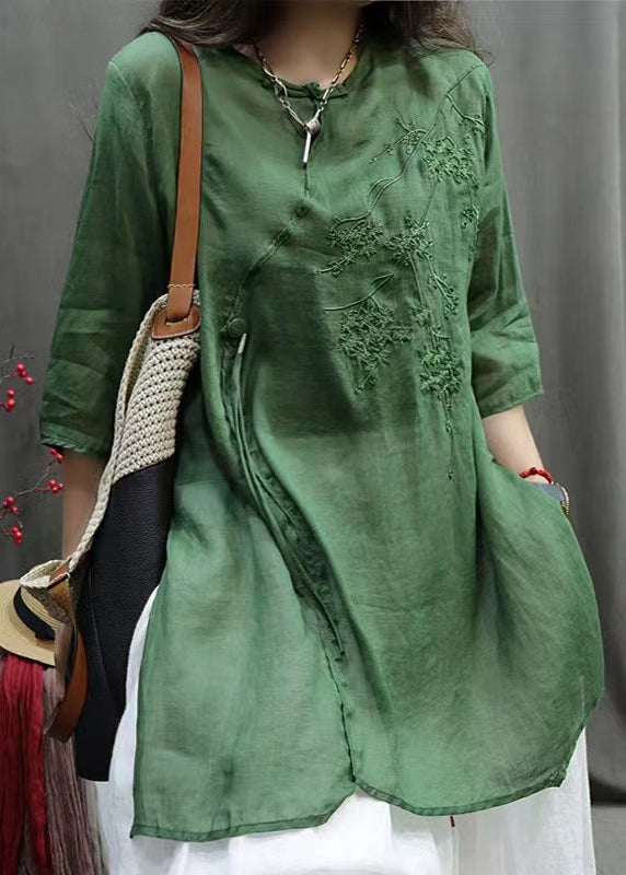 Women Rose Embroidered Cotton Shirt Top Half Sleeve QK022