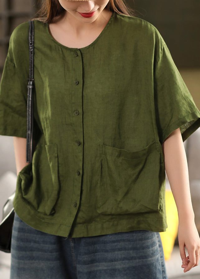 Button Pockets Neck Yellow Linen Shirt Tops O Women Summer