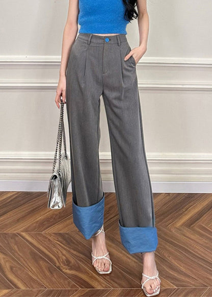 Women Rose Pockets Patchwork High Waist Straight Pants UU1011