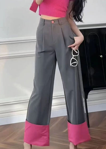 Women Rose Pockets Patchwork High Waist Straight Pants UU1011