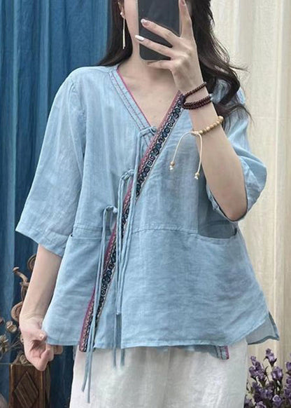 Women Rose V Neck Chinese Button Cotton Shirt Half Sleeve AU1060