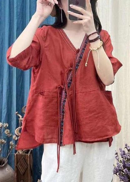 Women Rose V Neck Chinese Button Cotton Shirt Half Sleeve AU1060