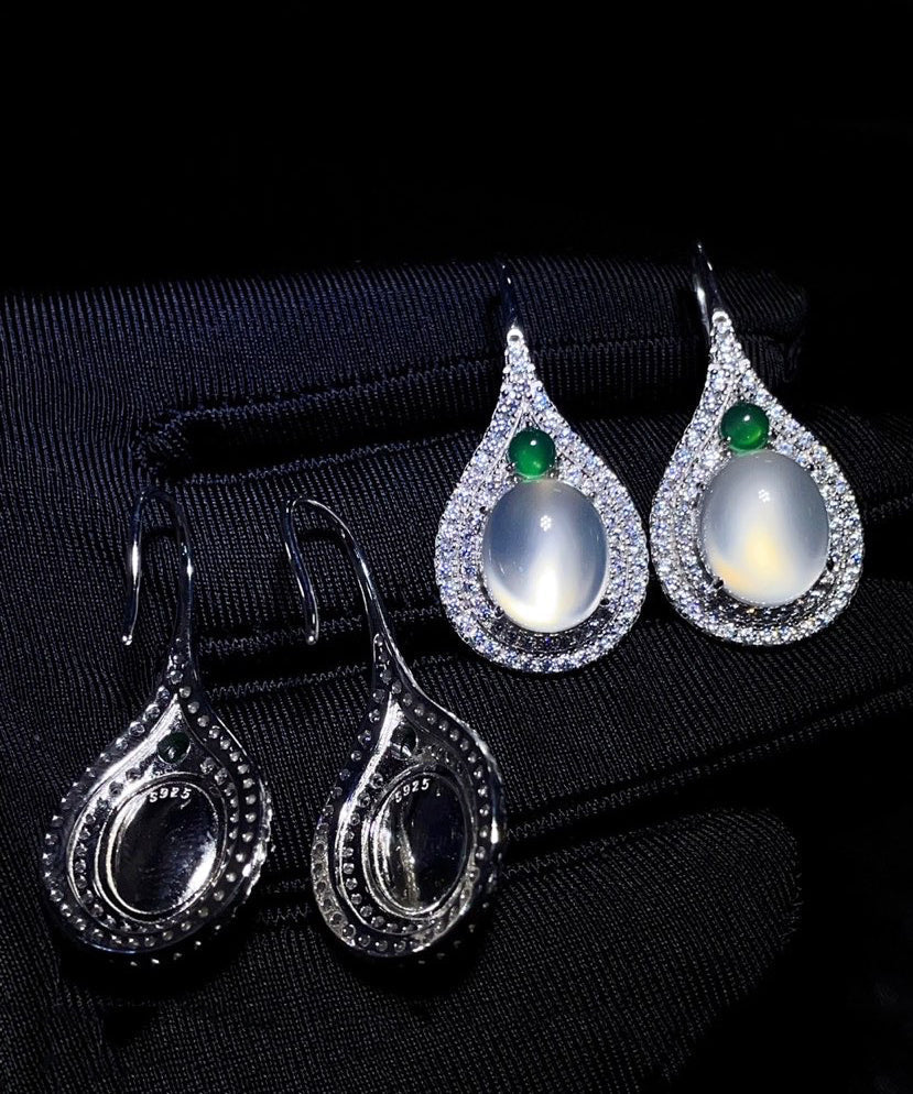 Women Silk Sterling Silver Inlaid Zircon Jade Stud Earrings AC1065