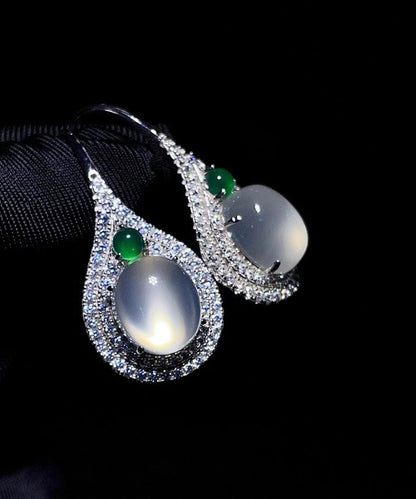 Women Silk Sterling Silver Inlaid Zircon Jade Stud Earrings AC1065