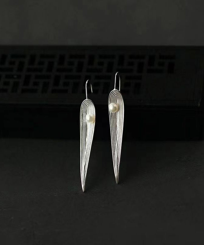 Women Silk Sterling Silver Pearl Bamboo Leaf Drop Earrings QQ040