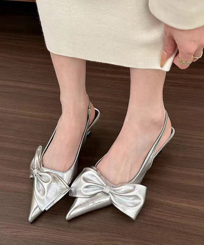 Women Silver Bow High Heel Sandals Pointed Toe Faux Leather KJ031