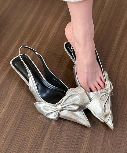 Women Silver Bow High Heel Sandals Pointed Toe Faux Leather KJ031