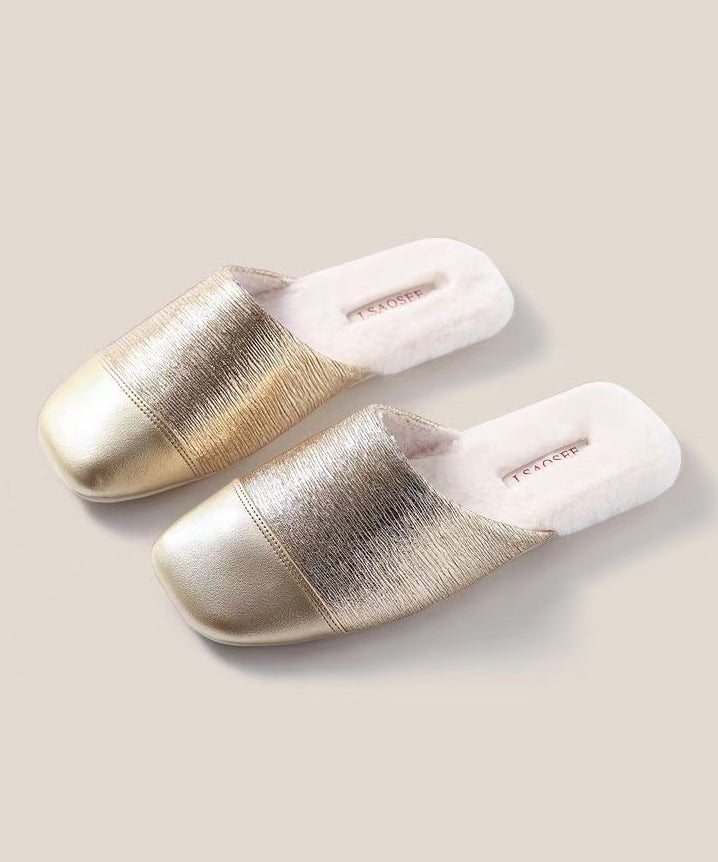 Women Silver Slippers Shoes Splicing Fuzzy Wool Lined RX021