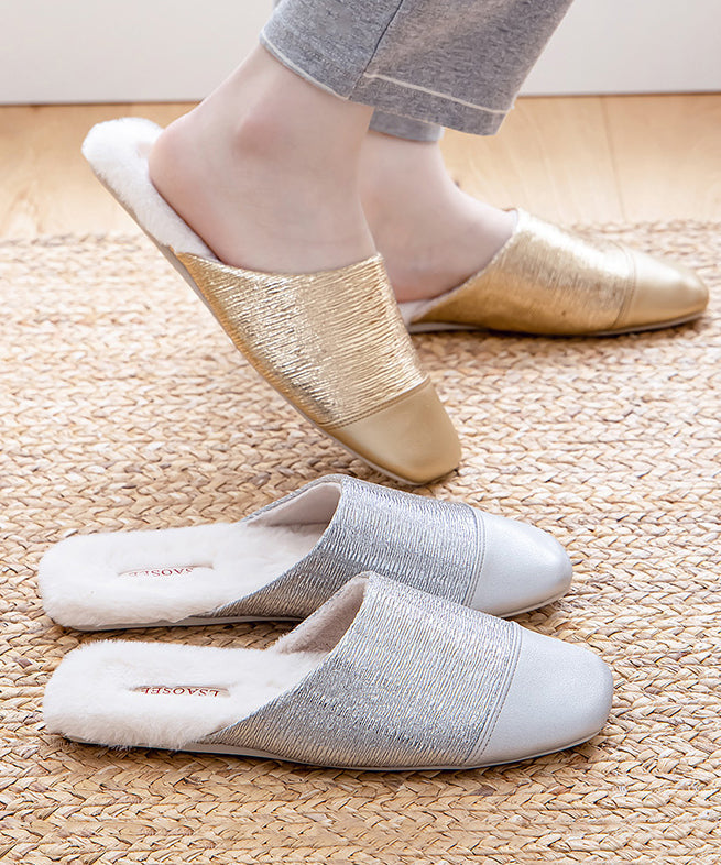 Women Silver Slippers Shoes Splicing Fuzzy Wool Lined RX021