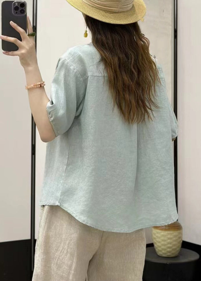 Women Loose Linen Shirt Button Solid Blue Sky