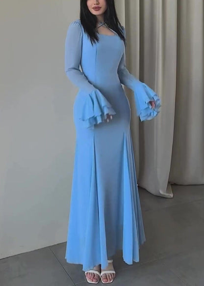 Women Slim Fit Blue U Neck Chiffon Maxi Dresses Butterfly Sleeve QL038