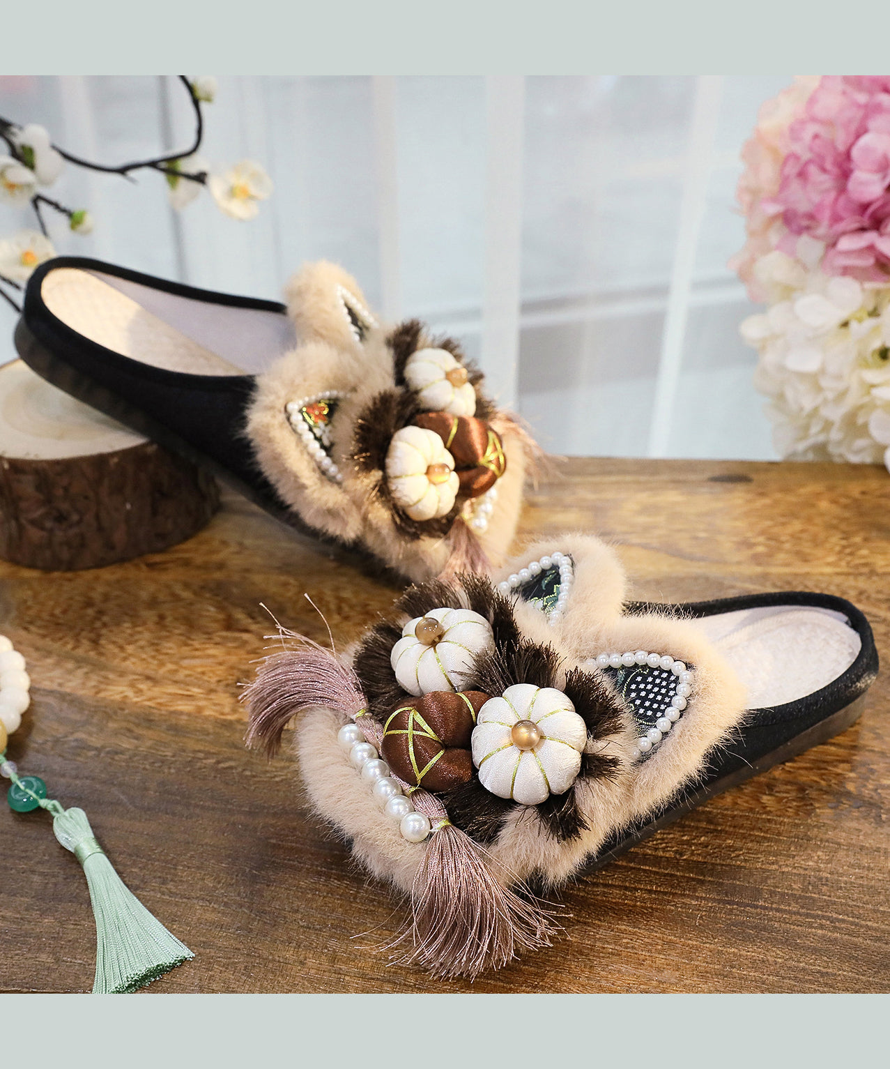 Women Splicing Slippers Shoes Coffee Embroidery Tassel TQ046