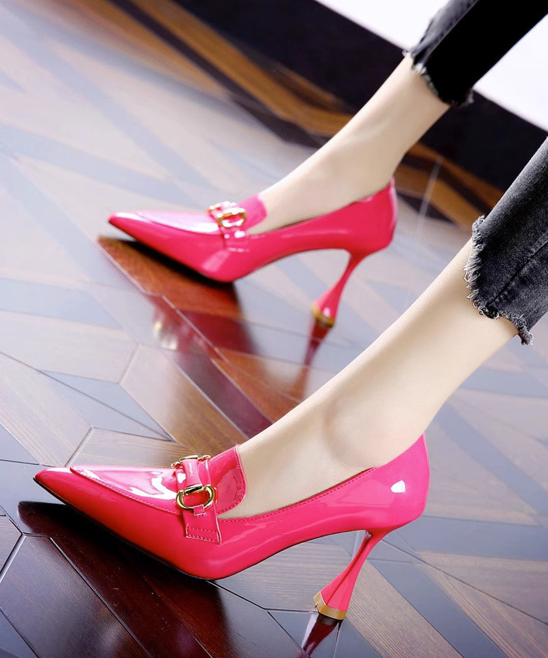 Women Splicing Stiletto High Heels Rose Faux Leather Pointed Toe TE022