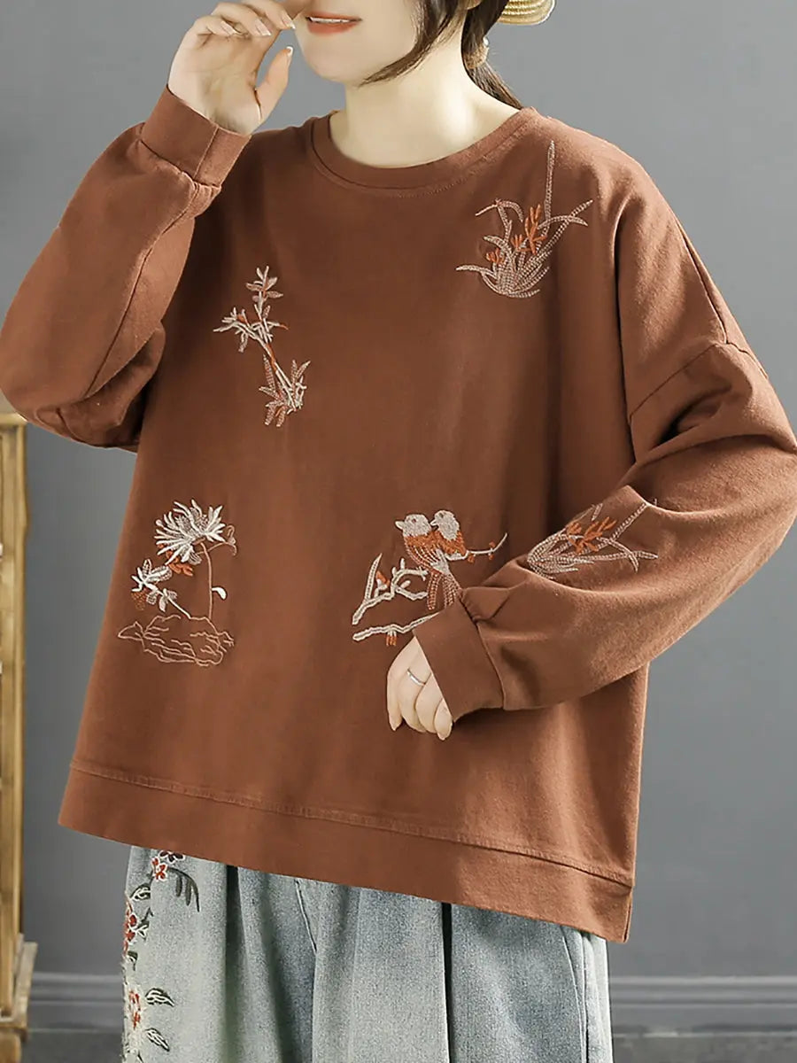 Women Spring Bird Embroidery Cotton Vintage Shirt Ada Fashion