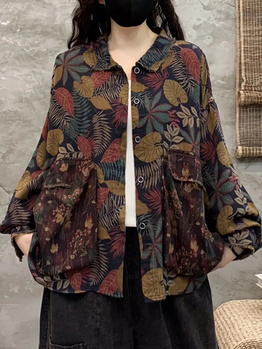 Women Spring Vintage Geometric Spliced Loose Shirt Ada Fashion