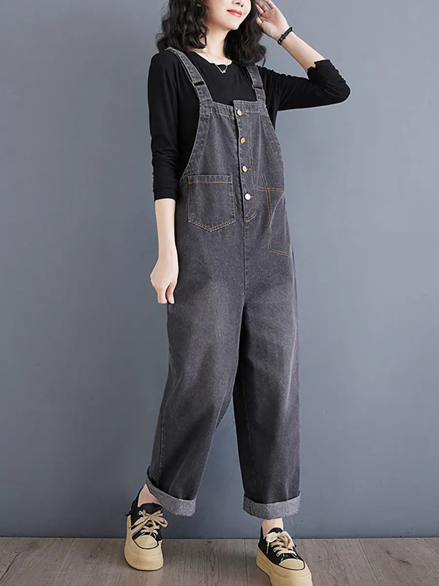 Women Spring Vintage Solid Asymmetrical Denim Jumpsuits Ada Fashion