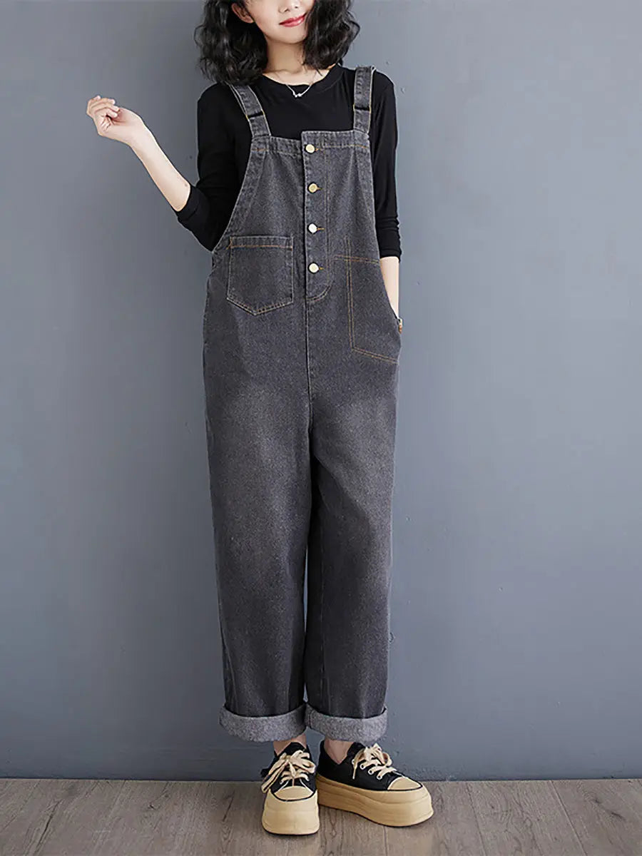 Women Spring Vintage Solid Asymmetrical Denim Jumpsuits Ada Fashion