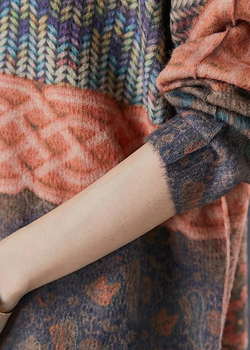 Women Stand Collar Print Warm Knitted Tops Winter Ada Fashion