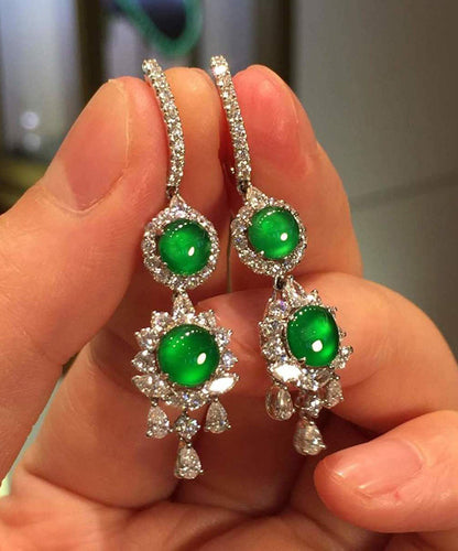 Women Sterling Silver Inlaid Zircon Jade Tassel Drop Earrings AC1037