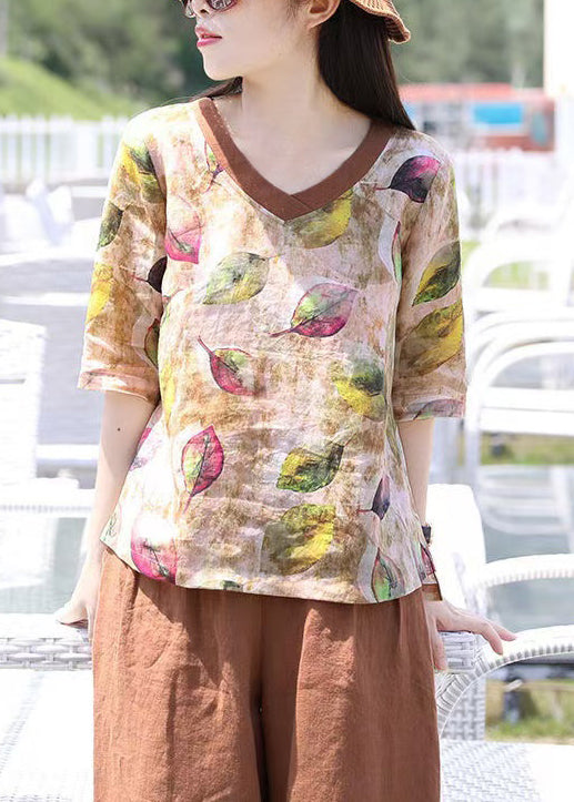 V Cotton Loose Summer Print Top Blouse Women Neck