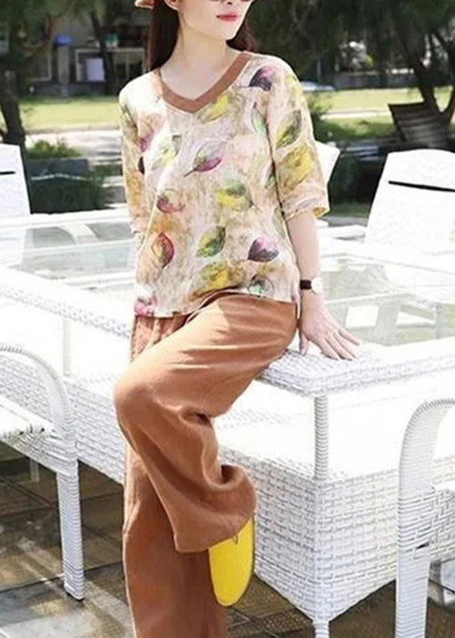 V Cotton Loose Summer Print Top Blouse Women Neck