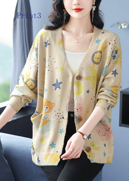 Women V Neck Print Pockets Woolen Cardigans Spring TQ022