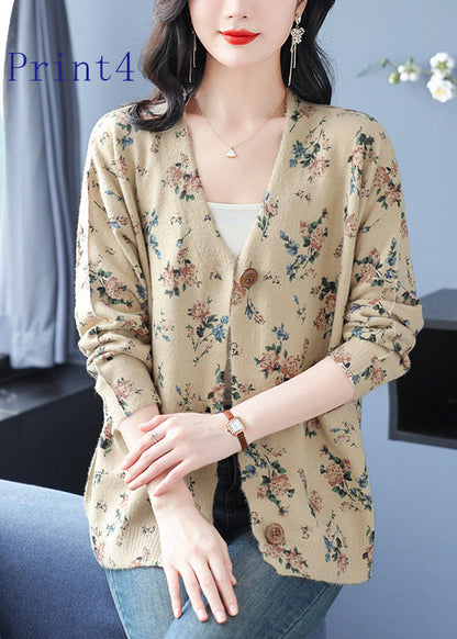 Women V Neck Print Pockets Woolen Cardigans Spring TQ022