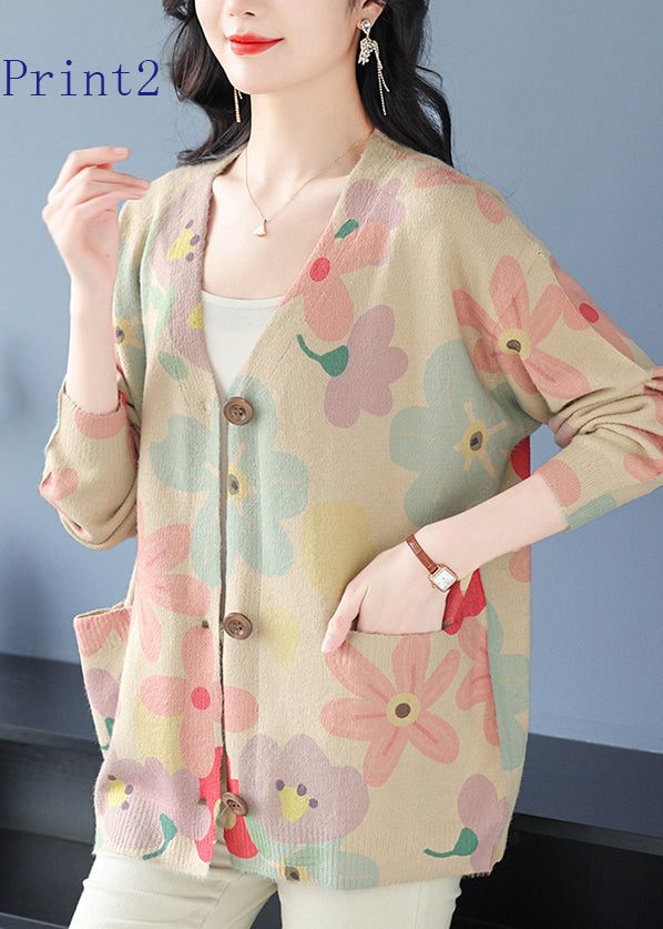 Women V Neck Print Pockets Woolen Cardigans Spring TQ022