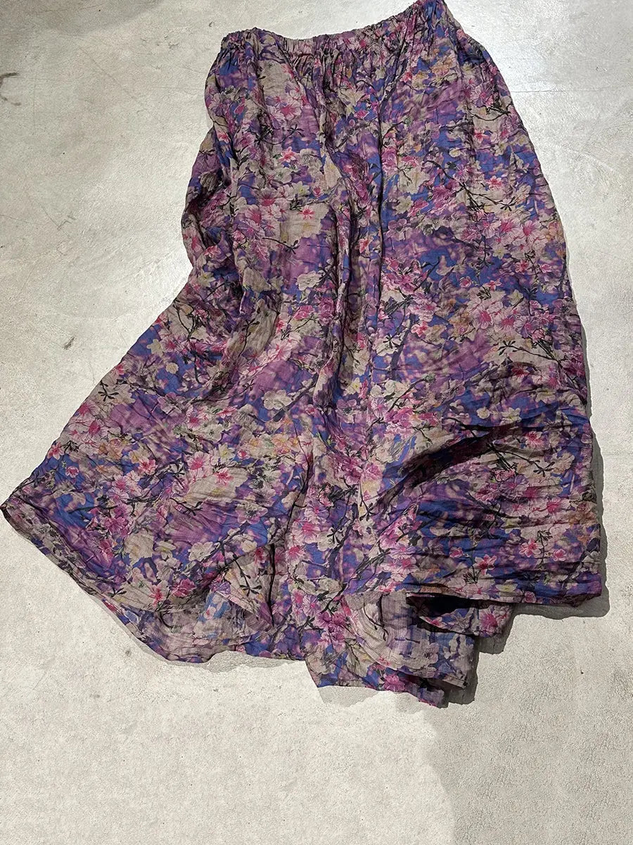 Women Vintage Floral Print Wron Ramie Skirt Ada Fashion