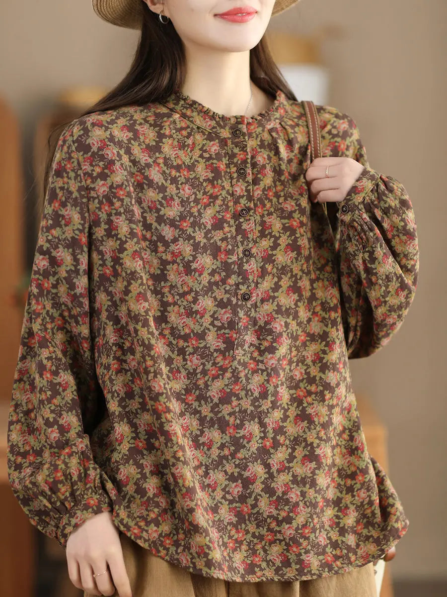 Women Vintage Floral Spring Cotton O-Neck Shirt Ada Fashion