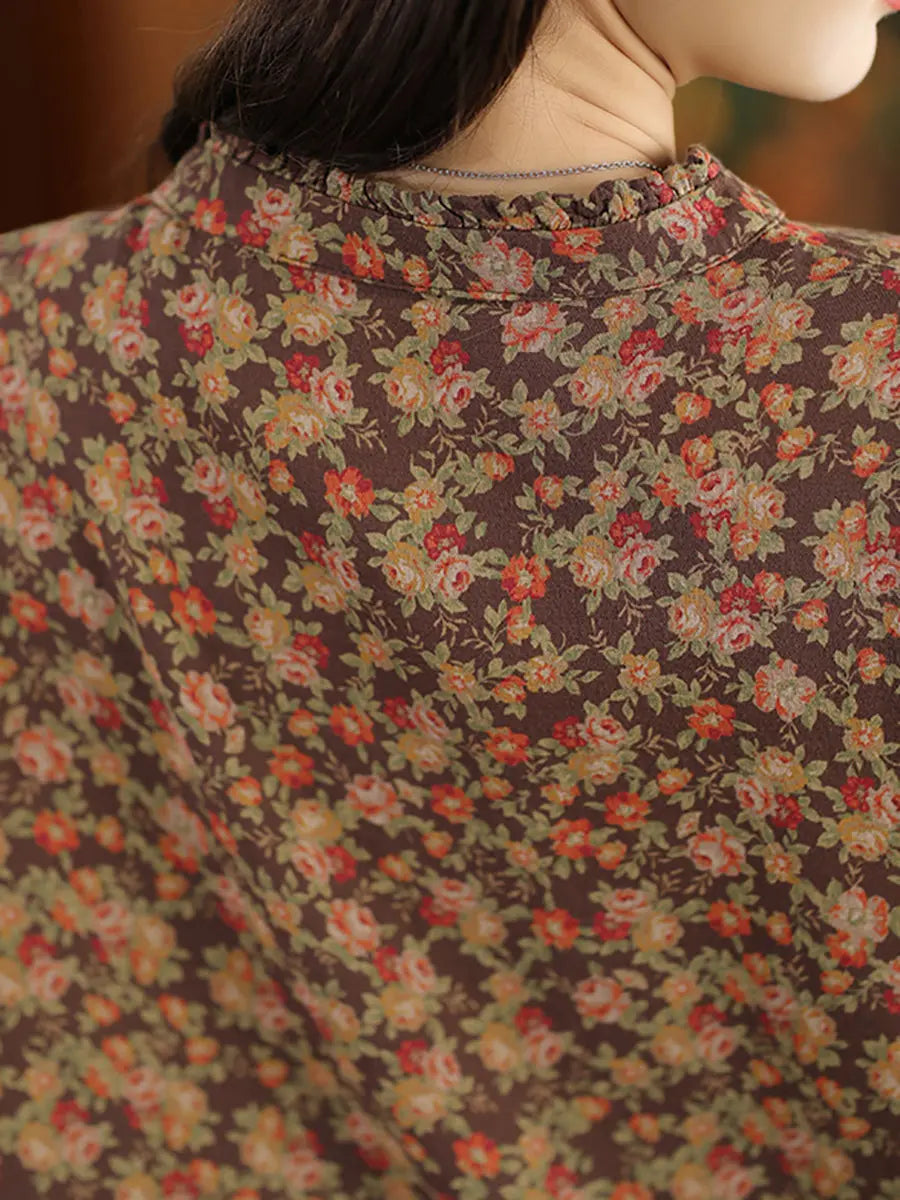 Women Vintage Floral Spring Cotton O-Neck Shirt Ada Fashion