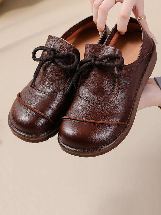 Women Vintage Leather Drawstring Flat Shoes Ada Fashion