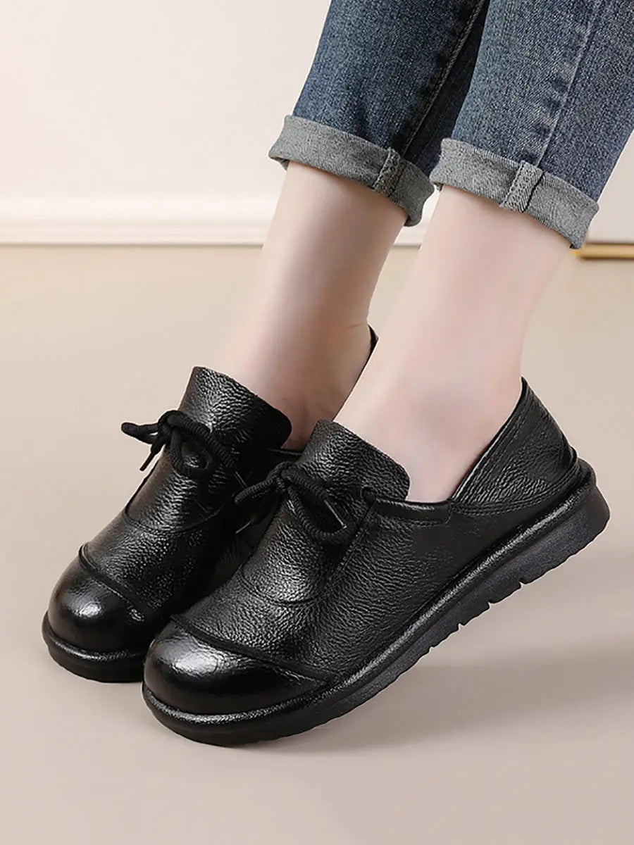 Women Vintage Leather Drawstring Flat Shoes Ada Fashion